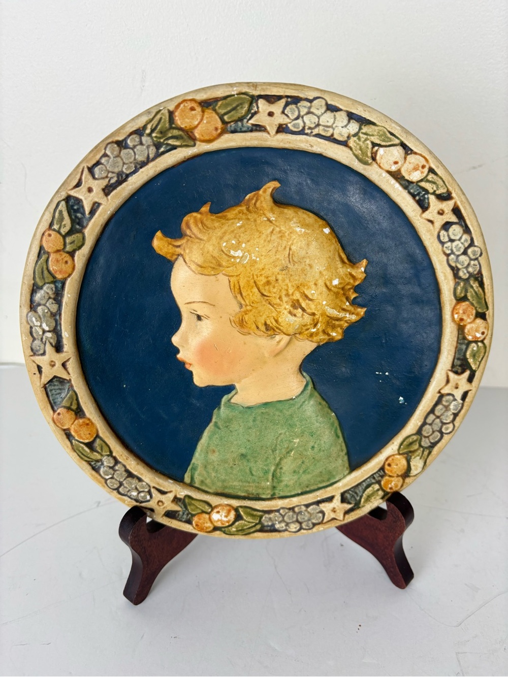 Vintage Plaster Wall Plaque/ Art Deco  
Style-Child Portrait /Fruit & Star Boar